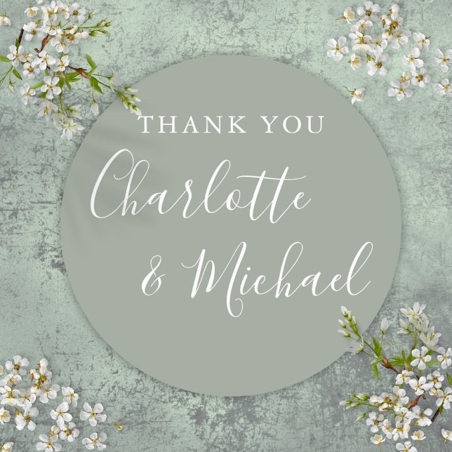 Elegant Sage Green Signature Wedding Thank You Classic Round Sticker (Creator Uploaded)