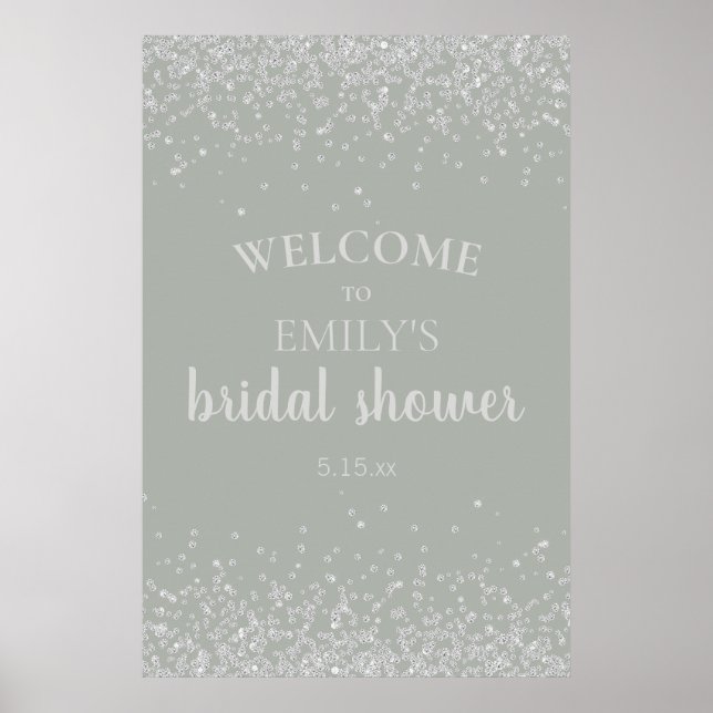 Elegant Sage Green Silver Confetti Bridal Shower Poster (Front)