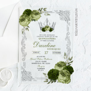Elegant Sage Green Silver Crown Quinceanera Acrylic Invitations