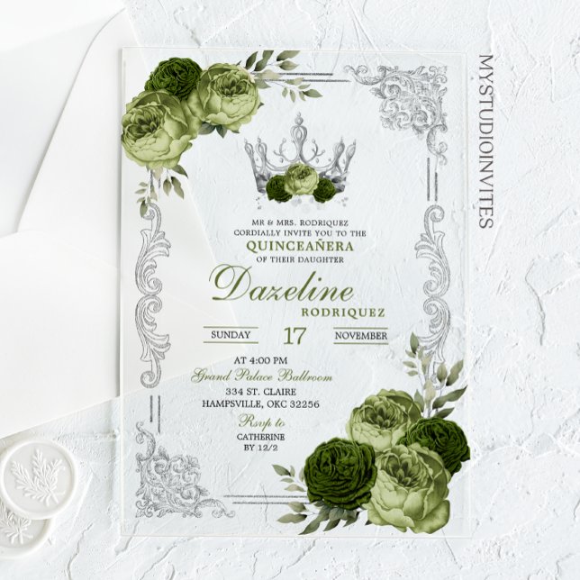 Elegant Sage Green Silver Crown Quinceanera Acrylic Invitations (Creator Uploaded)