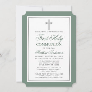 Elegant Sage Green Silver First Holy Communion Invitation