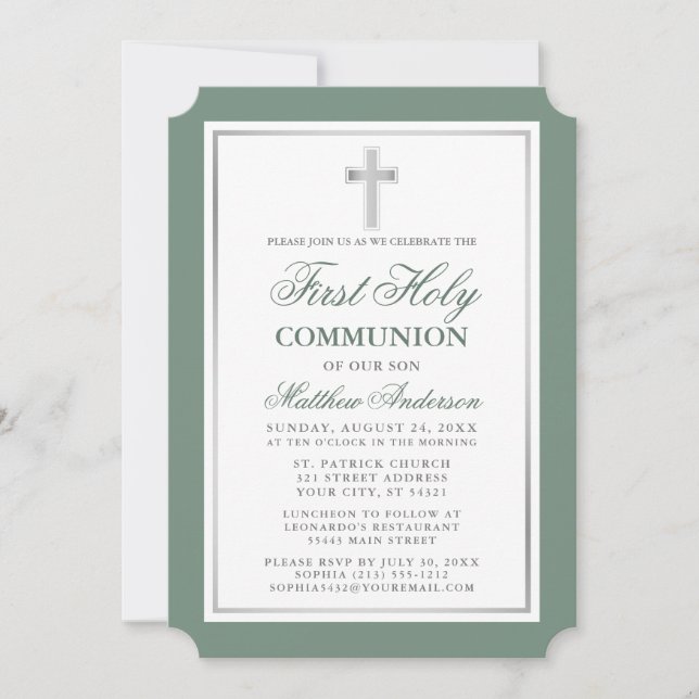 Elegant Sage Green Silver First Holy Communion Invitation (Front)