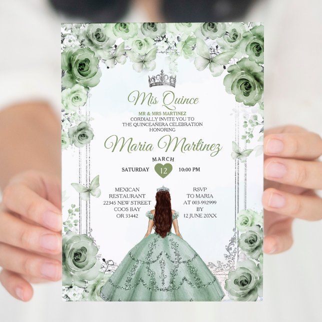Elegant Sage Green & Silver Princess Mis Quince Invitation (Creator Uploaded)
