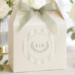 Elegant Sage Green Striped Monogram Wedding Classic Round Sticker