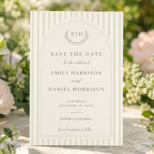 Elegant Sage Green Striped Monogram Wedding Save The Date