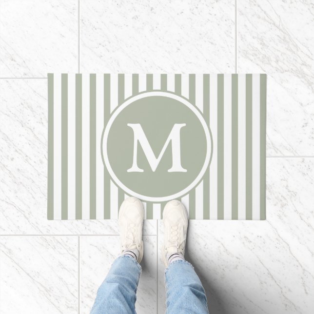 Elegant Sage Green Stripes Monogram Doormat (Indoor)