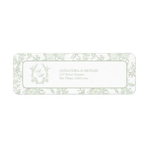 Elegant Sage Green Toile Crest Monogram Wedding Return Address Label
