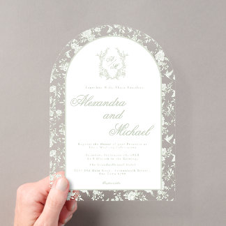 Elegant Sage Green Toile Floral Monogram Acrylic Invitations