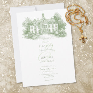 Elegant Sage Green Toile French Manor Wedding Invitation