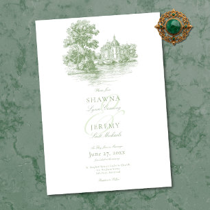 Elegant Sage Green Toile French Manor Wedding Invitation