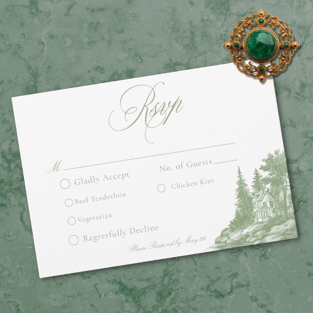 Elegant Sage Green Toile French Manor Wedding RSVP Card (Elegant Sage Green Toile French Manor Wedding RSVP Card)