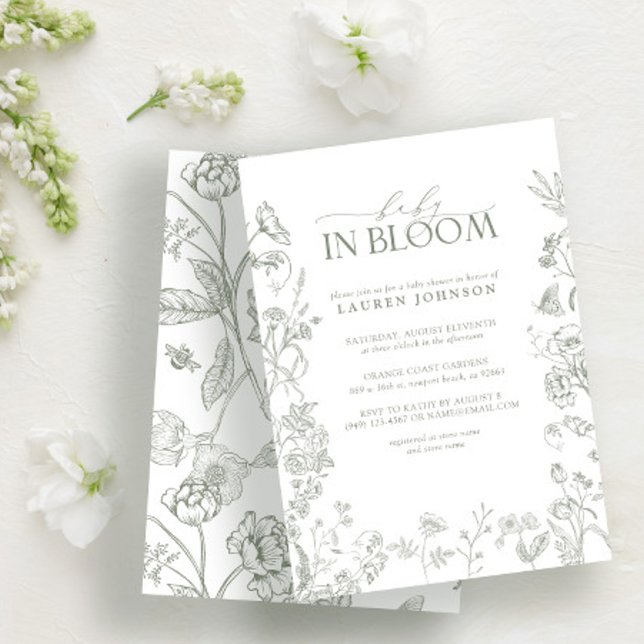 Elegant Sage Green Victorian Floral Baby In Bloom Invitation (Creator Uploaded)