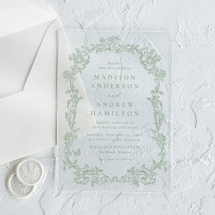 Elegant Sage Green Victorian Floral Frame Wedding Acrylic Invitations