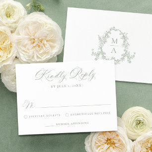 Elegant Sage Green Victorian Floral Wedding RSVP Card