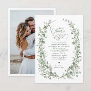 Elegant Sage Green Vintage Classic Floral Wedding Thank You Card