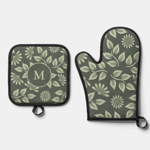 Elegant Sage Green Vintage Floral Monogram Oven Mitt & Pot Holder Set