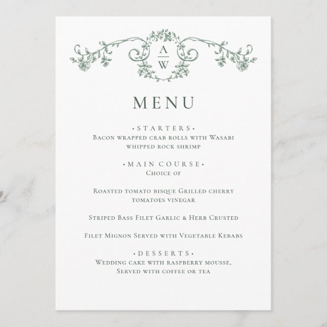 Elegant Sage Green Vintage Garden Flowers Wedding Menu (Front)