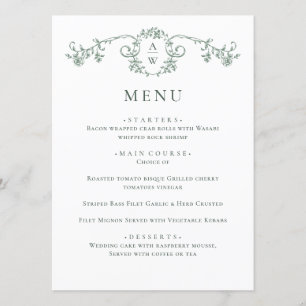 Elegant Sage Green Vintage Garden Flowers Wedding Menu