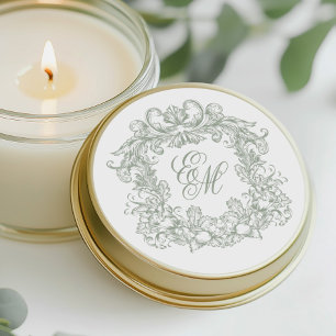 Elegant Sage Green Vintage Monogram Crest Wedding Classic Round Sticker