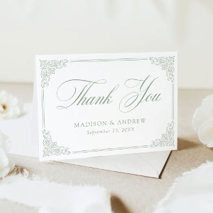 Elegant Sage Green Vintage Ornate Frame Wedding Thank You Card