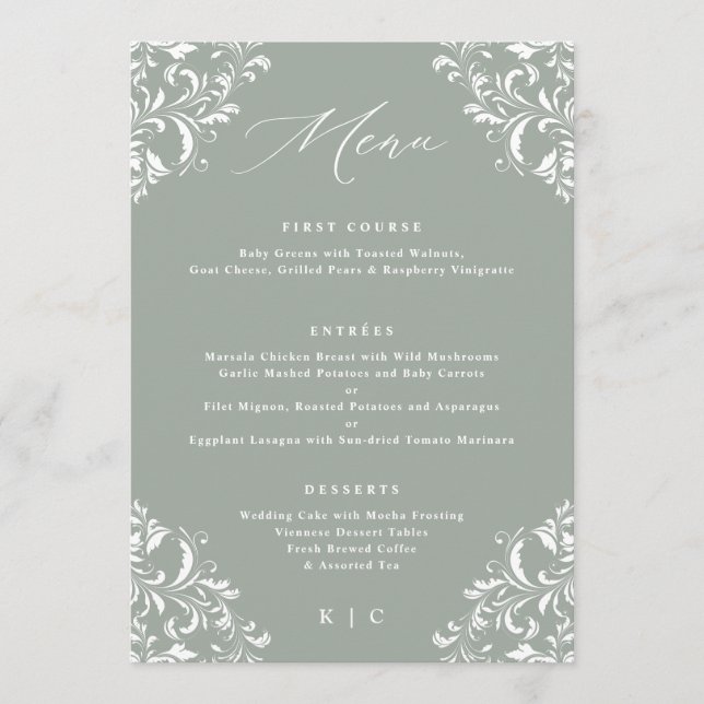 Elegant Sage Green Vintage Wedding Menu (Front)