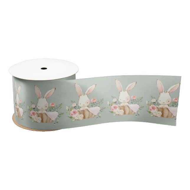 Elegant Sage Green Watercolor Bunny Rabbit Baby Satin Ribbon (Spool)