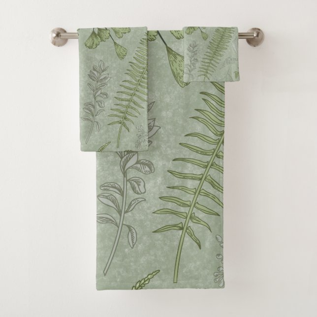 Elegant Sage Green Watercolor Floral  Bath Towel Set (Insitu)