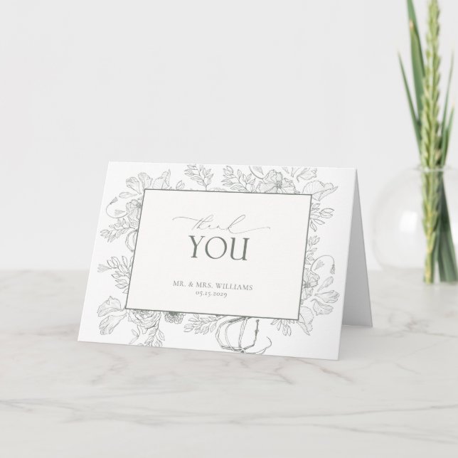 Elegant Sage Green Watercolor Floral Thank You Card (Front)
