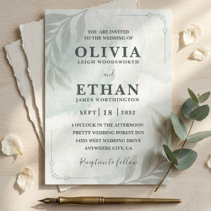 Elegant Sage Green Watercolor Foliage Wedding Invitation