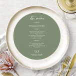 Elegant Sage Green Wedding Circle Menu Cards<br><div class="desc">A stylish calligraphy wedding menu card for the plate. Easy to personalise with your details. CUSTOMIZATION: If you need design customisation,  please contact me through chat; if you need information about your order,  shipping options,  etc.,  please contact Zazzle support directly.</div>