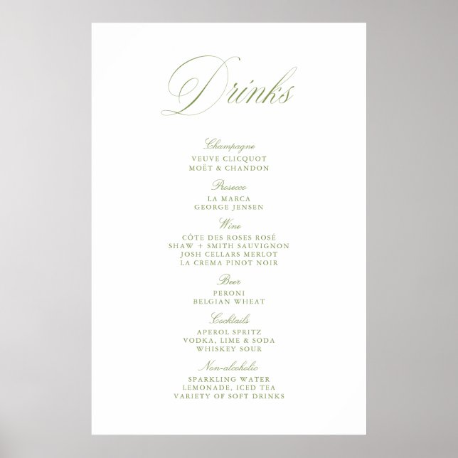 Elegant Sage Green Wedding Drinks Bar Menu Paper Poster (Front)