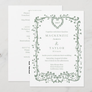 Elegant Sage Green Wedding French Frame Heart Invitation