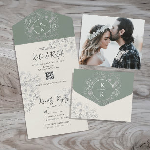 Elegant Sage Green Wedding Invitation with QR Code