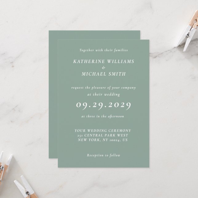 Elegant Sage Green Wedding Invitations (Front/Back In Situ)