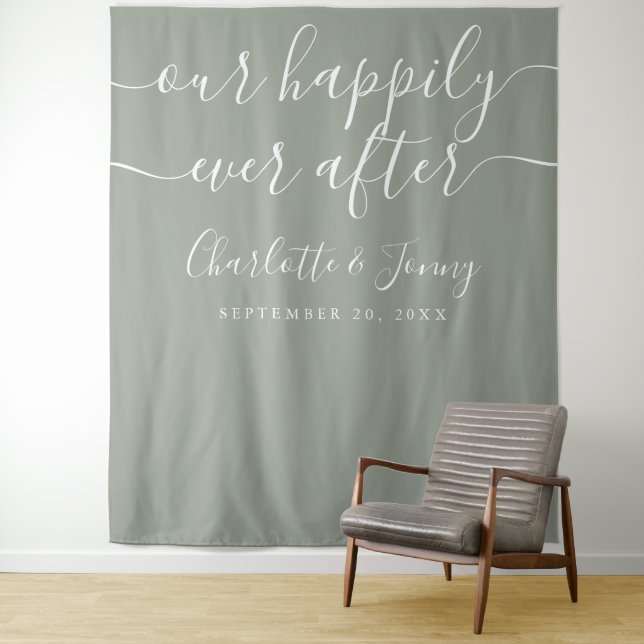Elegant Sage Green Wedding Photo Backdrop Tapestry (In Situ)