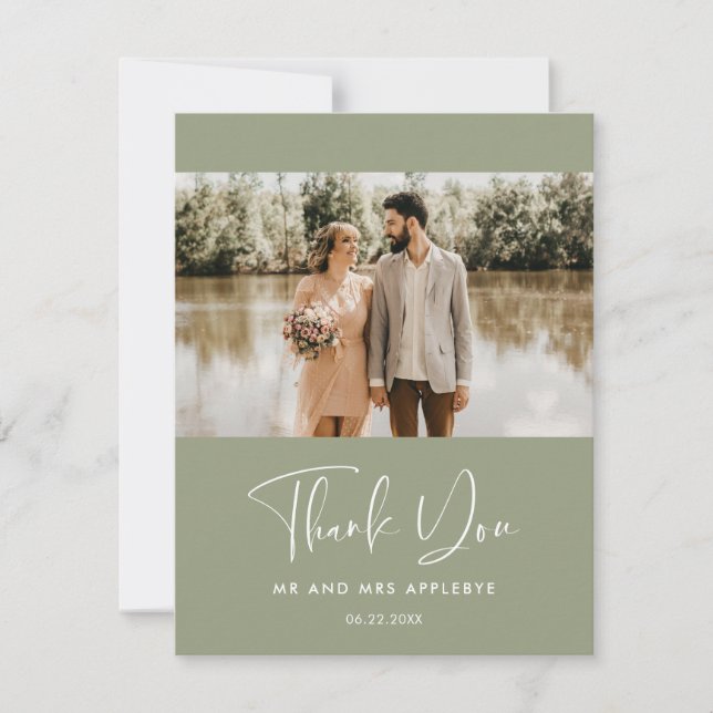 Elegant sage green wedding photo Thank you (Front)