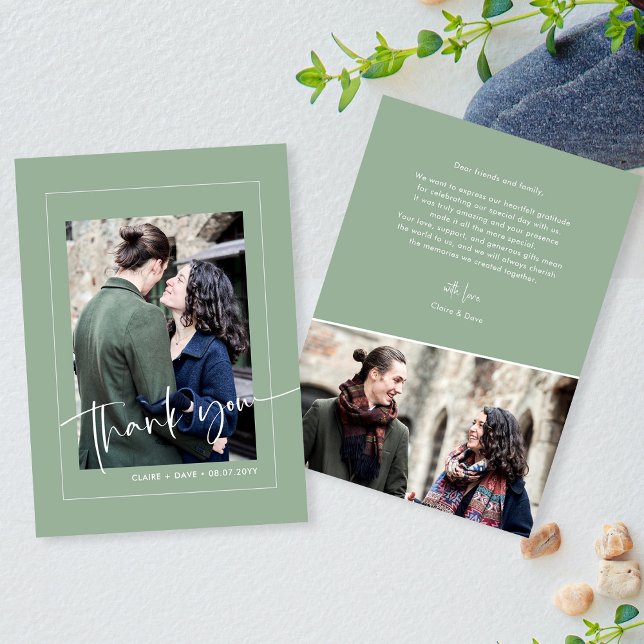 Elegant Sage Green Wedding Photo Thank You Card (Zazzle Chic Sage Green Hand Lettered Wedding Appreciation Thank You Card)