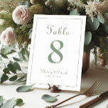 Elegant Sage Green Wedding Reception Formal Dinner Table Number<br><div class="desc">Wedding Table Number tabletop decor event party sign design features a classic elegance with contemporary chic sage green on a classic white background. Personalise wedding table design with your name, wedding date and table number in trendy lettering and script. The back of the card is a duplicate of the front....</div>