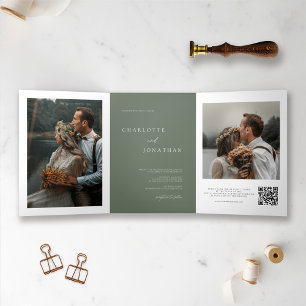Elegant Sage Green Wedding RSVP Details Photo Tri-Fold Invitation