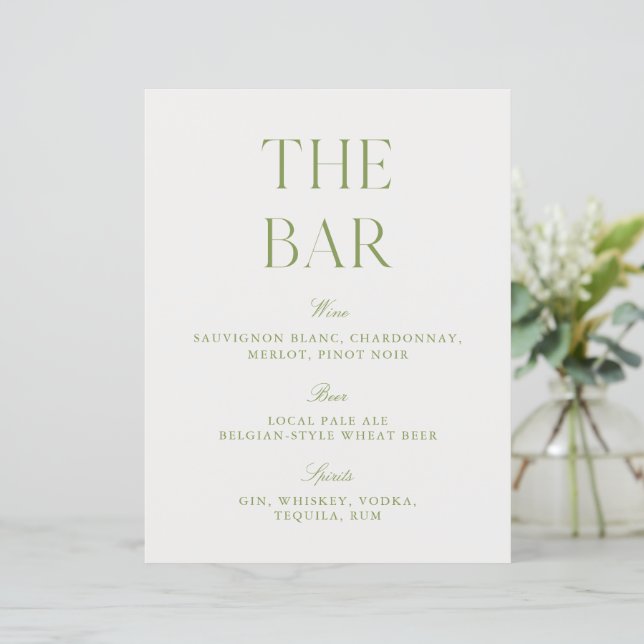 Elegant Sage Green & White 8.5x11 Wedding Bar Sign (Standing Front)