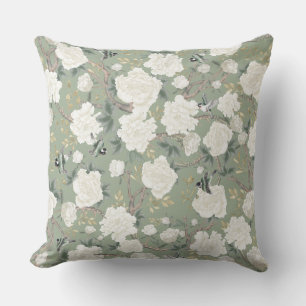 Elegant Sage Green White Chinoiserie Flowers Birds Cushion