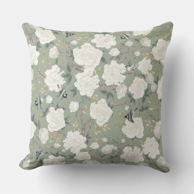 Elegant Sage Green White Chinoiserie Flowers Birds Cushion (Front)