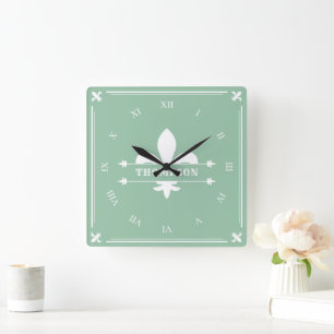 Elegant Sage Green White Fleur de Lis Custom Name Square Wall Clock