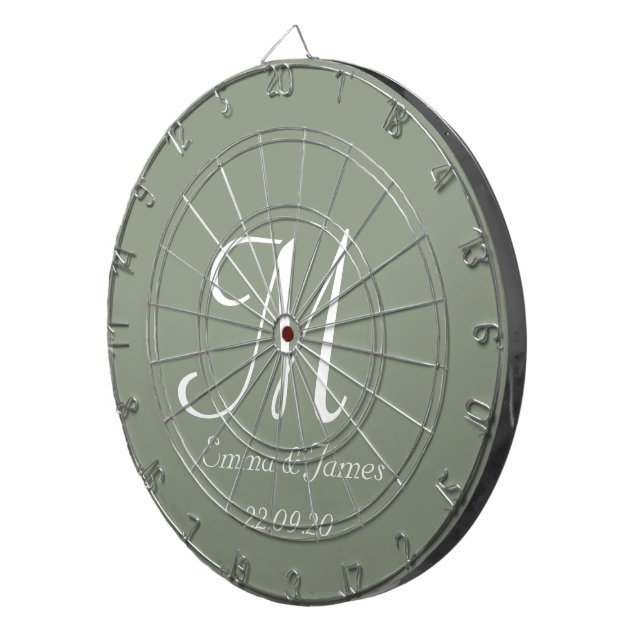 Elegant Sage Green & White Monogram Initial Name  Dartboard (Front Right)