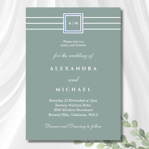 Elegant Sage Green White Monogram Modern Wedding Invitation