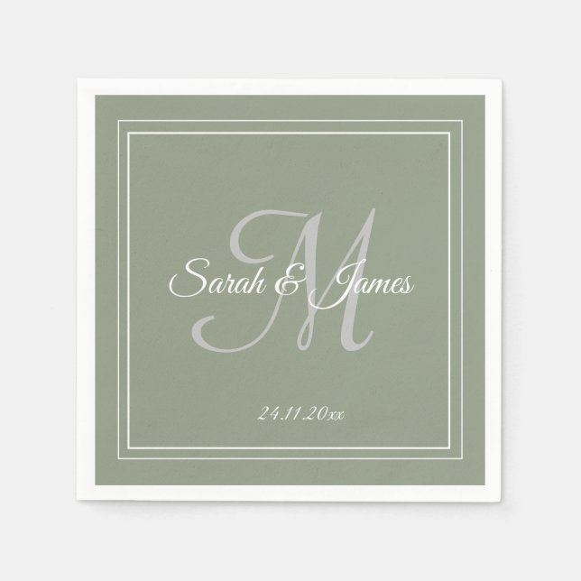 Elegant Sage Green & White Monogram Wedding Paper  Napkin (Front)