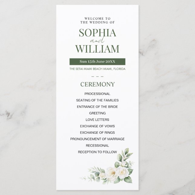 Elegant Sage Green White Rose Floral Wedding Progr Program (Front)