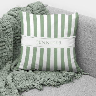 Elegant Sage Green & White Stripes Pattern Name Cushion