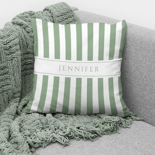 Elegant Sage Green & White Stripes Pattern Name Cushion (Creator Uploaded)