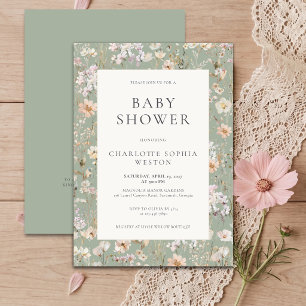 Elegant Sage Green Wildflower QR Code Baby Shower  Invitation